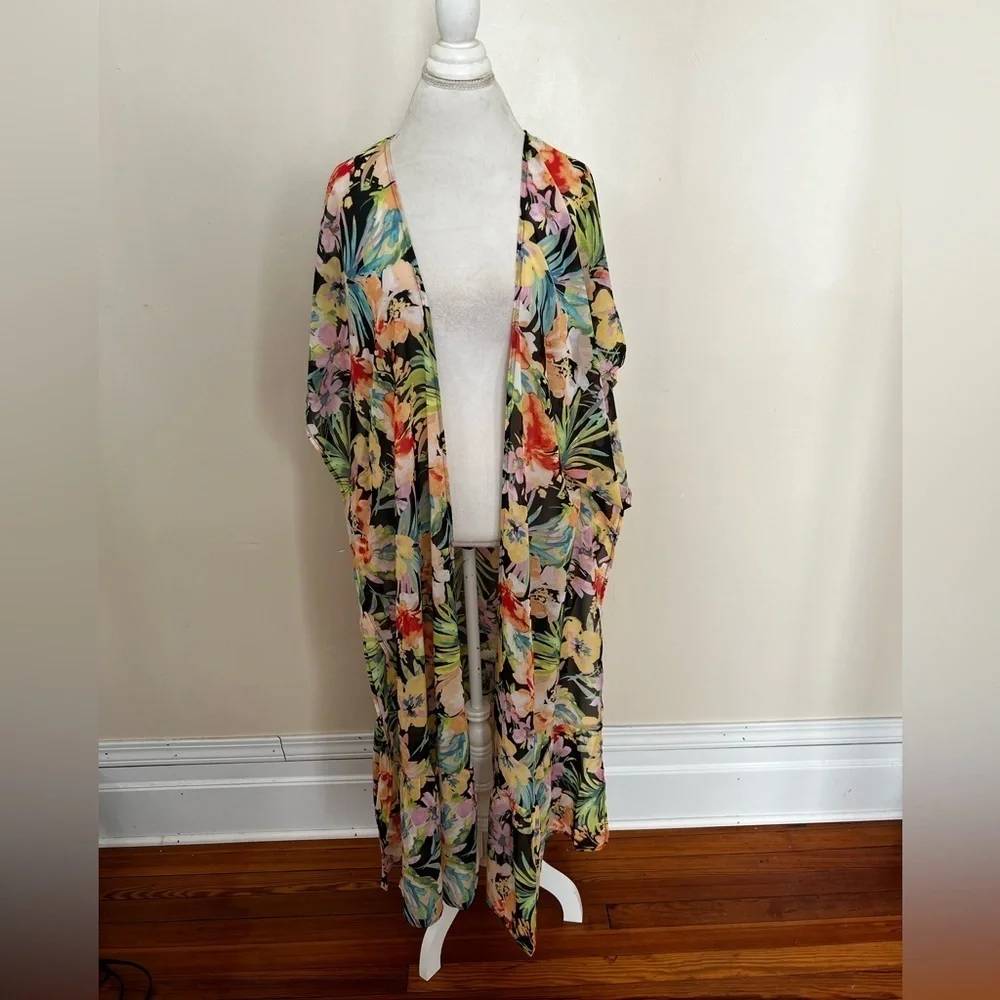 Forever 21 Sheer Black and Floral Swim Coverup Kimono - NWT - Size Small